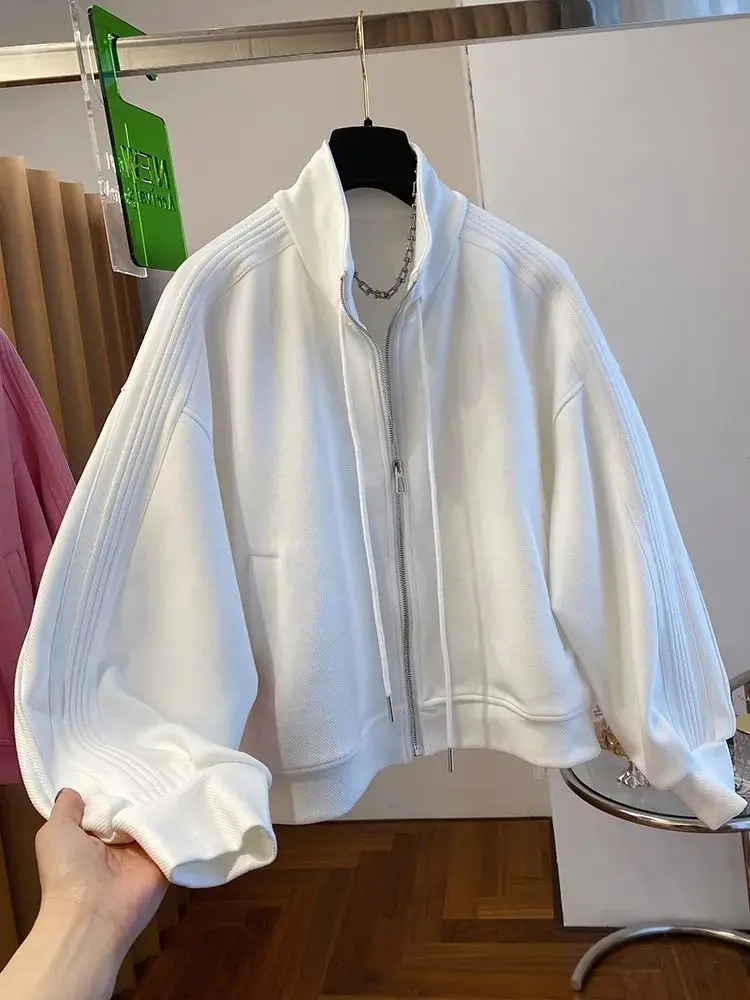 Three Bar n Sense Niche Loose Casual Stand Up Collar Sports Style Hoodie Cardigan Jacket Womens Short Top 241203