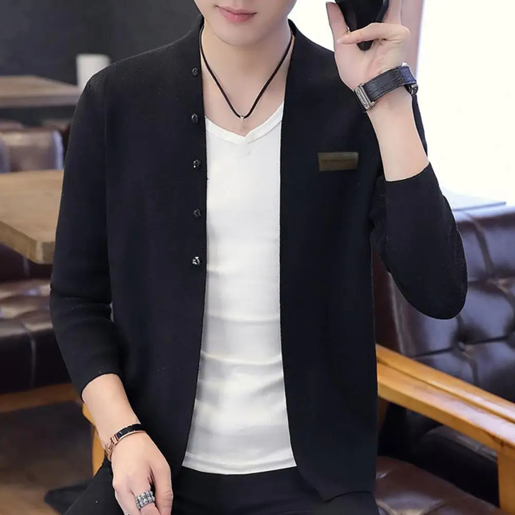 Button mens jacket knitted cardigan fashionable ultrathin fit warm vertical collar badge 241206