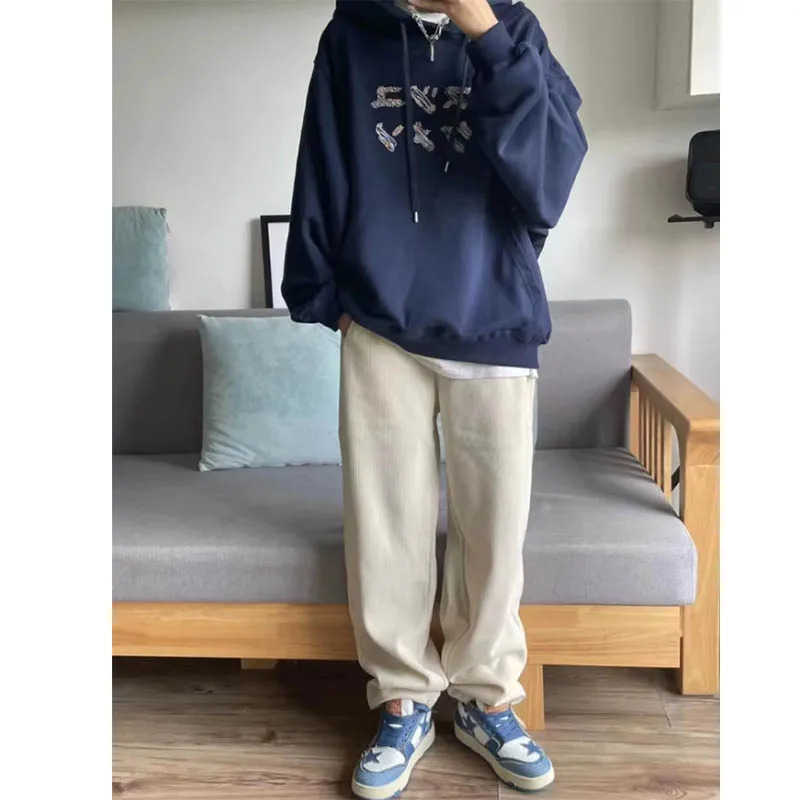 Solid color woven straight leg sweater for boys trend plankton hand fashion wide mop 241206