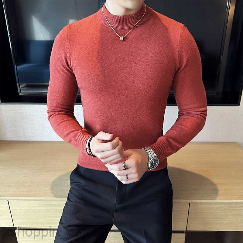 Men's Sweaters Men's winter sweater with thick velvet and a mid to high collar, 2024 black sweater with knitted base underneath