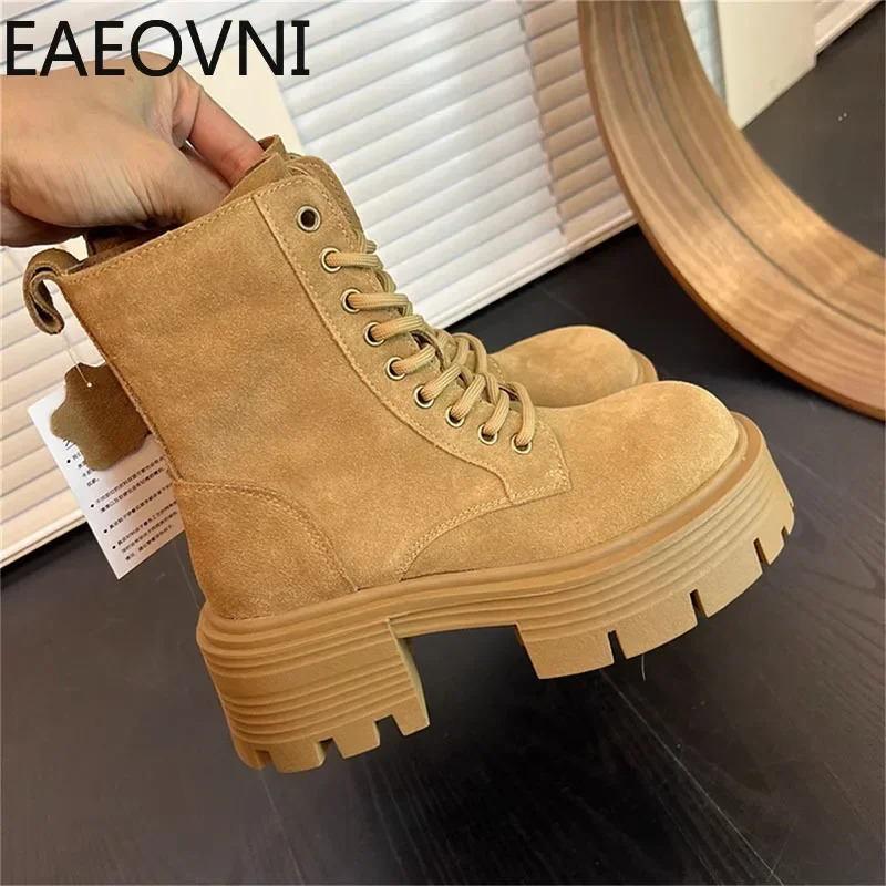 High Platform Womens Motorcycle Boot for Winter Fashion Lace Up Square Heel Short Booties Autumn Girls Shoes 241206