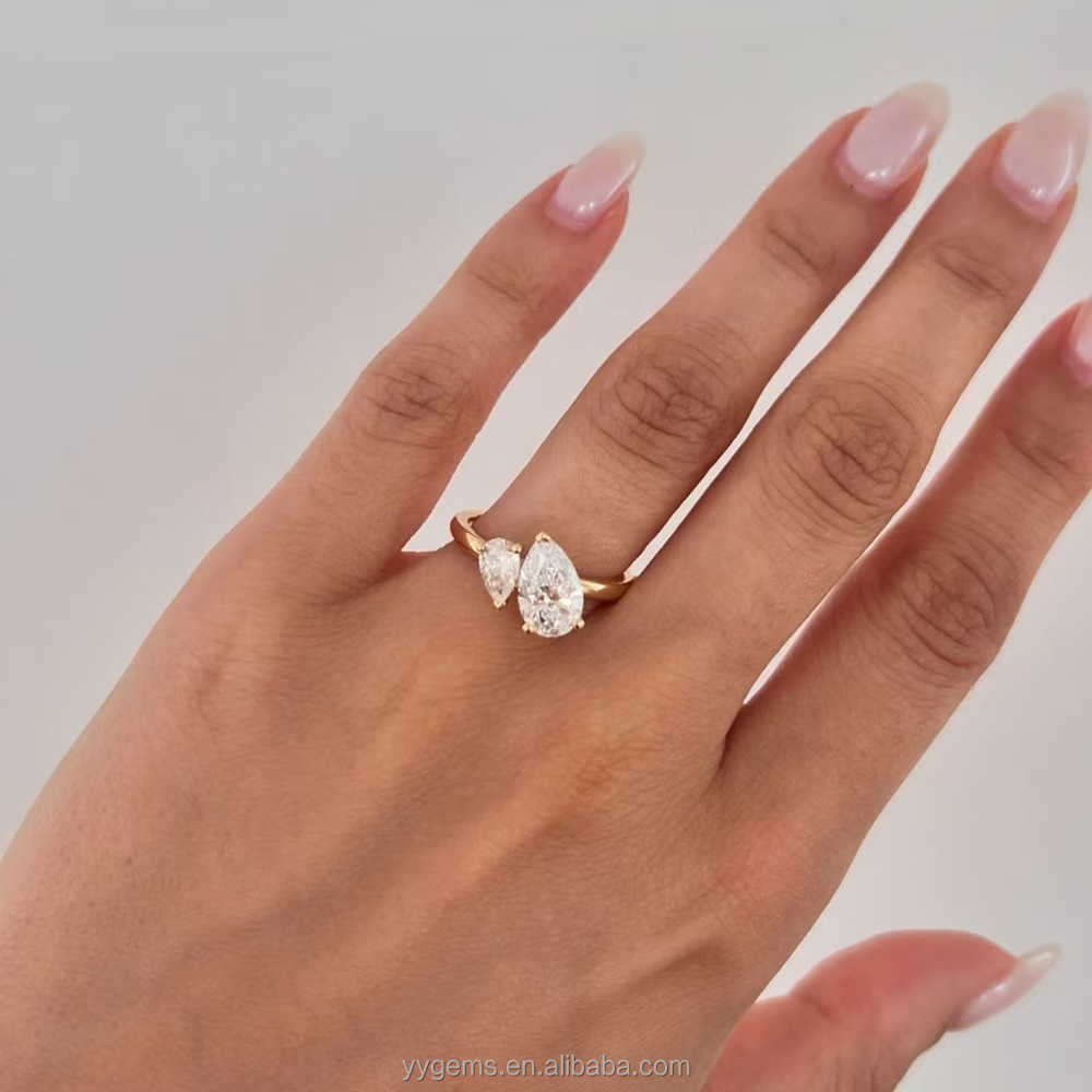 French Style MOI ET TOI Fine Pass Dia Test Pear Shape Moissanite Ring Solid Gold Engagement Rings Jewelry Women