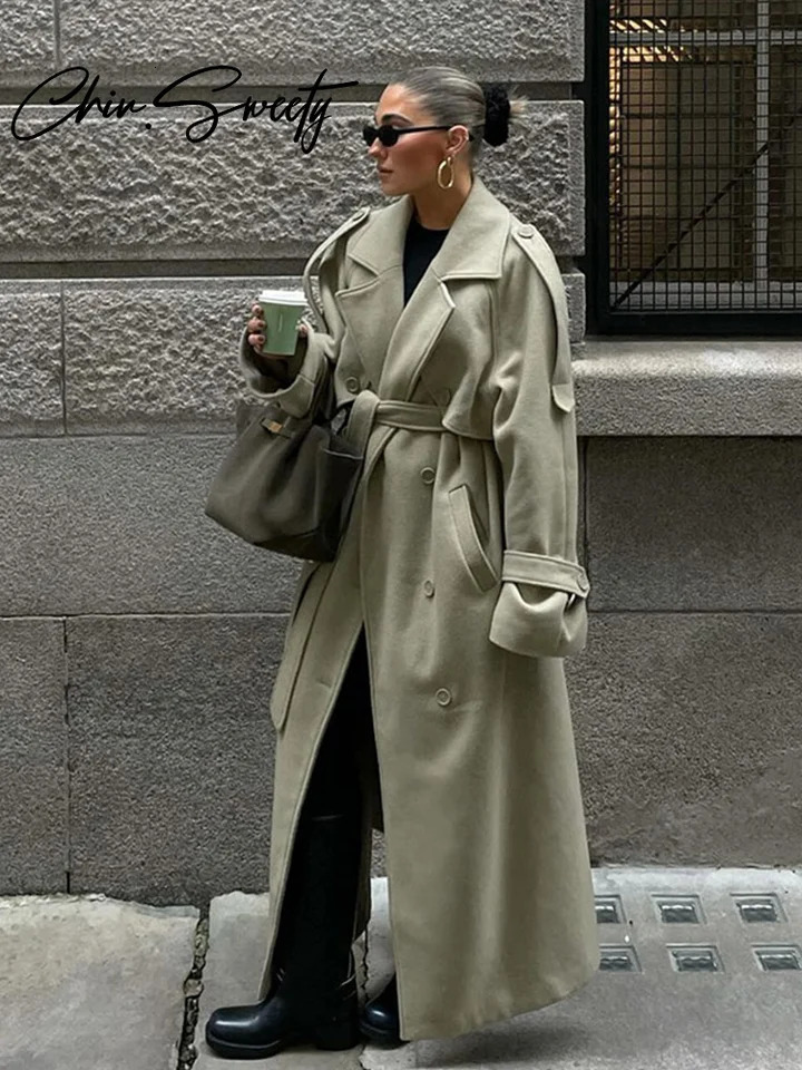Casual Long Women Coat Urban Full Sleeve Double Breasted Belt Pocket Female Jacket 2024 Autumn Winter Elegant Lady Overcoat 241202