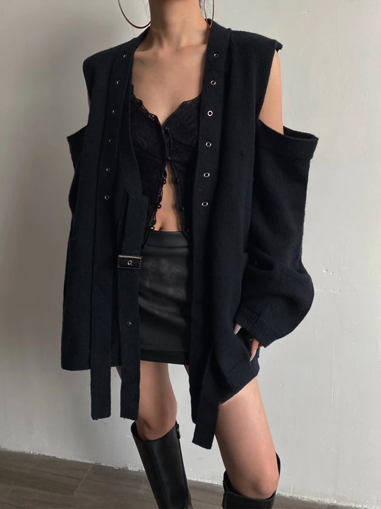 DEAT Fashion Womens Knitted Cardigan Shoulder Hollow Out Pockets Elastic Ribbon Decorate Loose Coat Autumn 7AB1714 241203