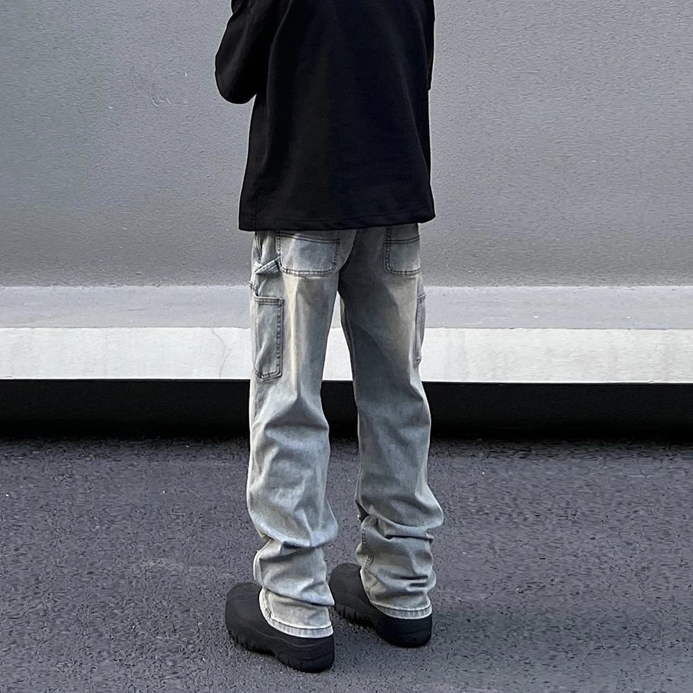 American streetwear double knee logging coverage mens spring and autumn jeans light blue straight leg pants cleaning and washing jeans 241206