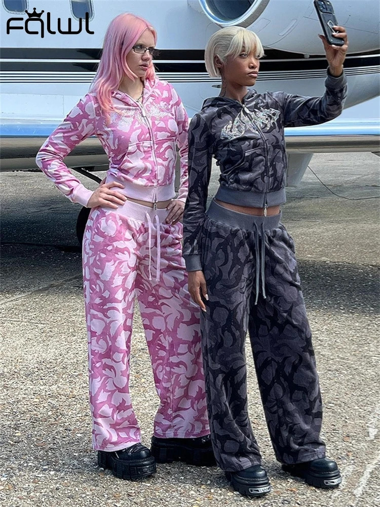 FQLWL autumn Rhinestone casual 2-piece womens track suit Y2K hooded zipper top and drawstring sweatpants 241205