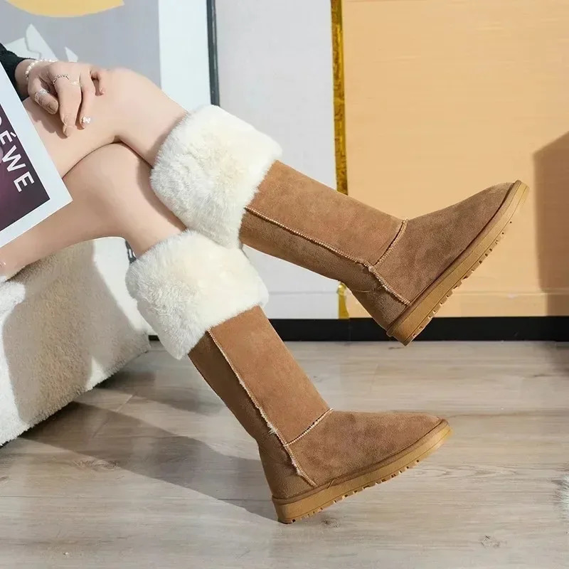 Cow velvet knee high snow boots with winter flat bottom womens shoes in 2024 round toe and smooth sole 241206