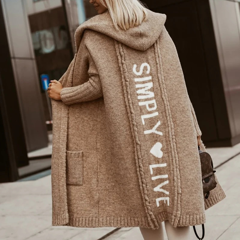 Fashion Simple Letter Printing Cardigan Elegant Solid Color Hooded Sweaters Coats Casual Loose Comfor Vacation Jacket Female 241203