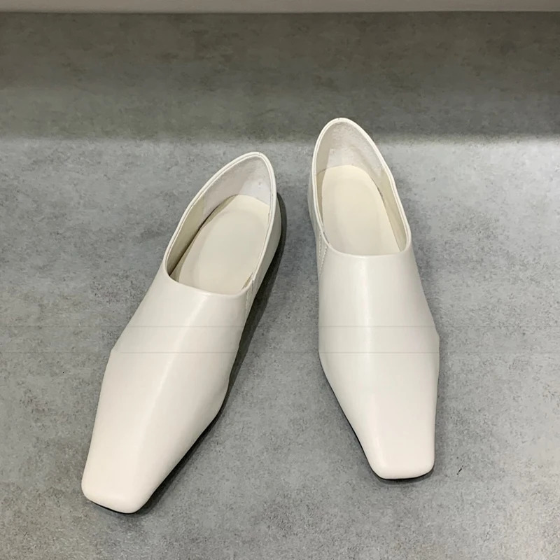 Spring Soft Leather Womens Loafer Shoes Elegant Shallow Square Heel Slide on Flat 241206