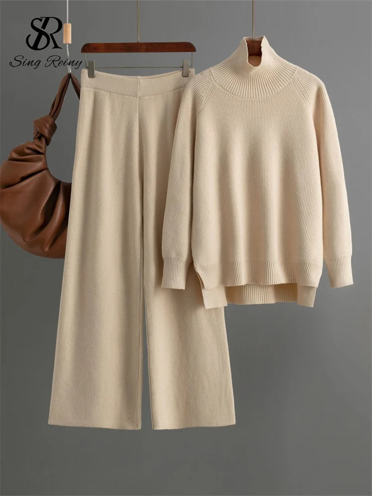 Singreiny Winter Solid Warm Set Womens Turtle Neck Long Sleeve Irregular TopWide Leg Casual Pants Sweater Two Piece Set 241205