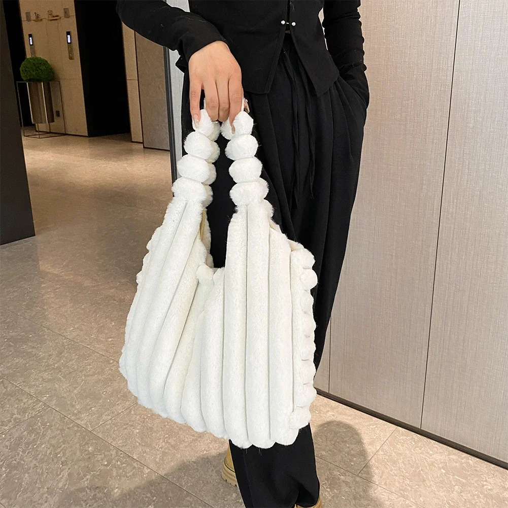 Womens fluffy handbag large capacity fur shoulder bag Y2k fashionable pleated messenger bag casual womens daily pleated handbag 241205