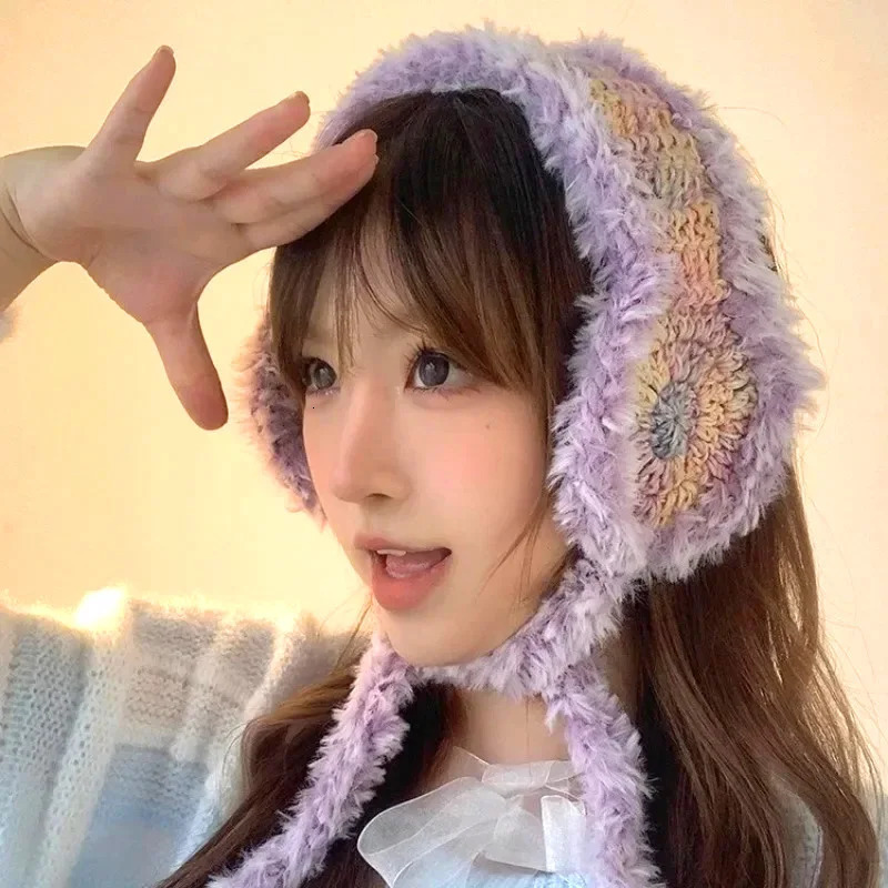 1 piece of gradient colored knitted earmuffs handmade wool flower with plush earmuffs Beanies warm windproof winter accessories 241205