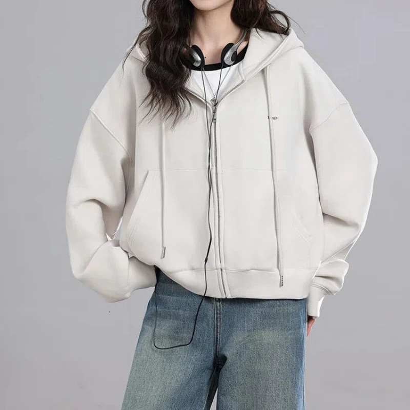 Korean Fashion Solid Color Zipper Pockets Hooded Lantern Long Sleeve Womens Clothing Spring Autumn Cardigan Coats Hoodies Tops 241203