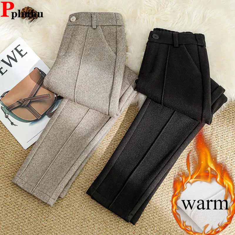 Casual wool thick harem pants for women high waisted velvet lined solid wool blend pants for winter warmth chiffon chic Calca 241202