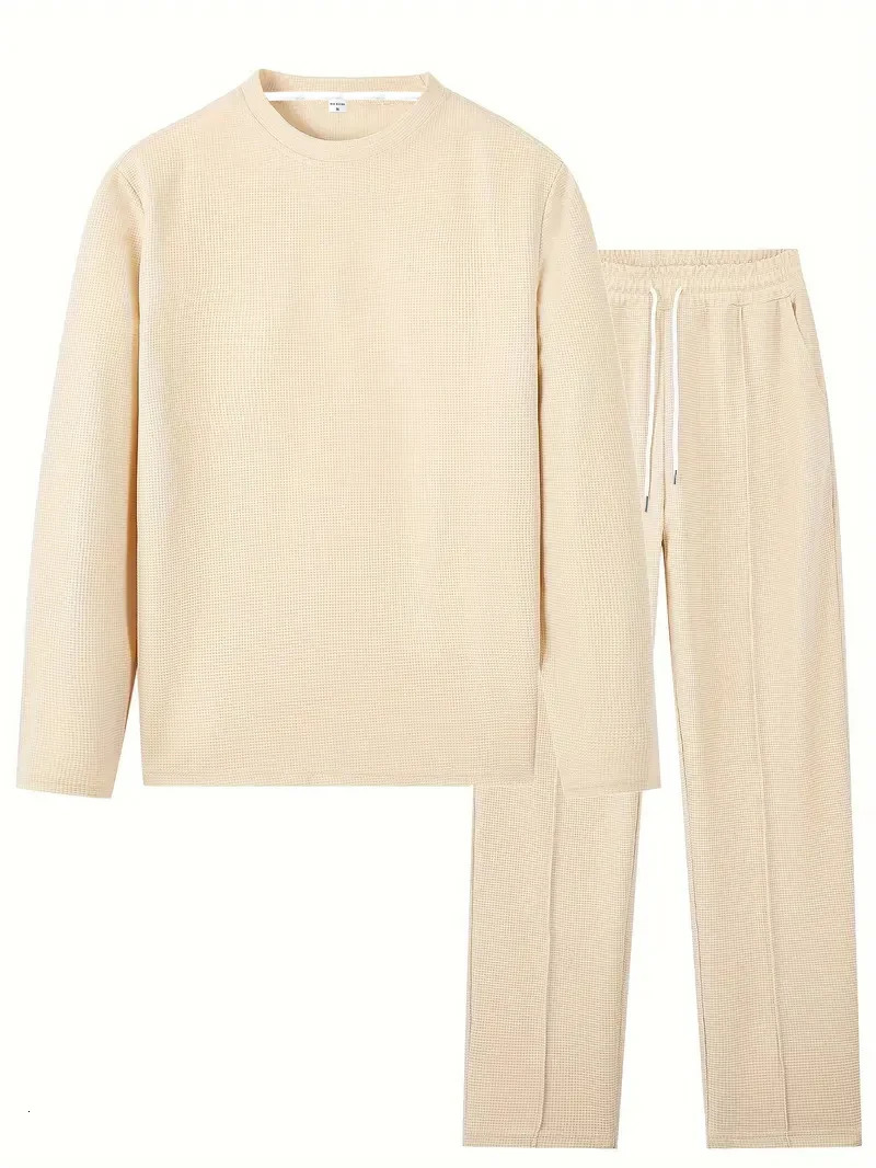 Waffle biscuit solid color long sleeved pants set mens spring and autumn casual fashion set 241205