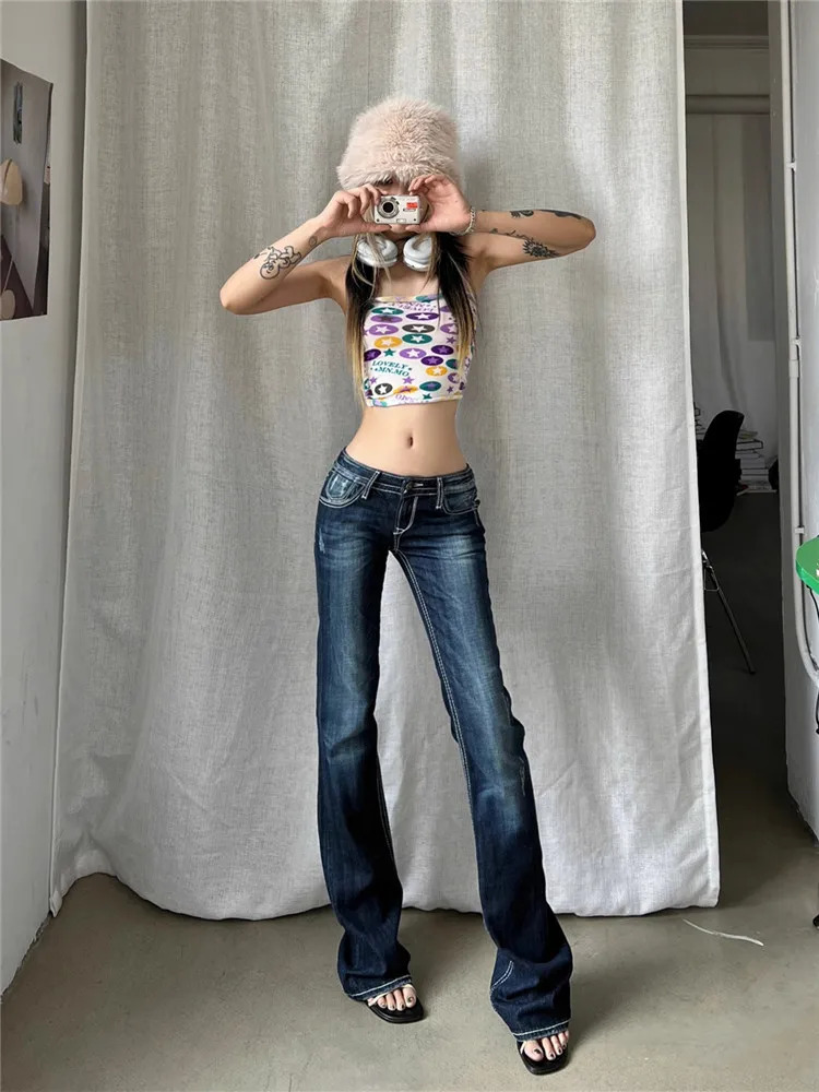 Womens Gyaru Japanese Harajuku Garbage Y2K Jeans Low Rise Shining Denim Pants 2000s Clock Bottom Pants Kpop Retro Ultra Thin Pants 241204