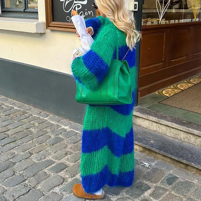 Color Blocking Loose Cardigan Womens Vneck Long Sleeved Street Casual Sweaters Fashion Striped Printed Warm Jackets 241203