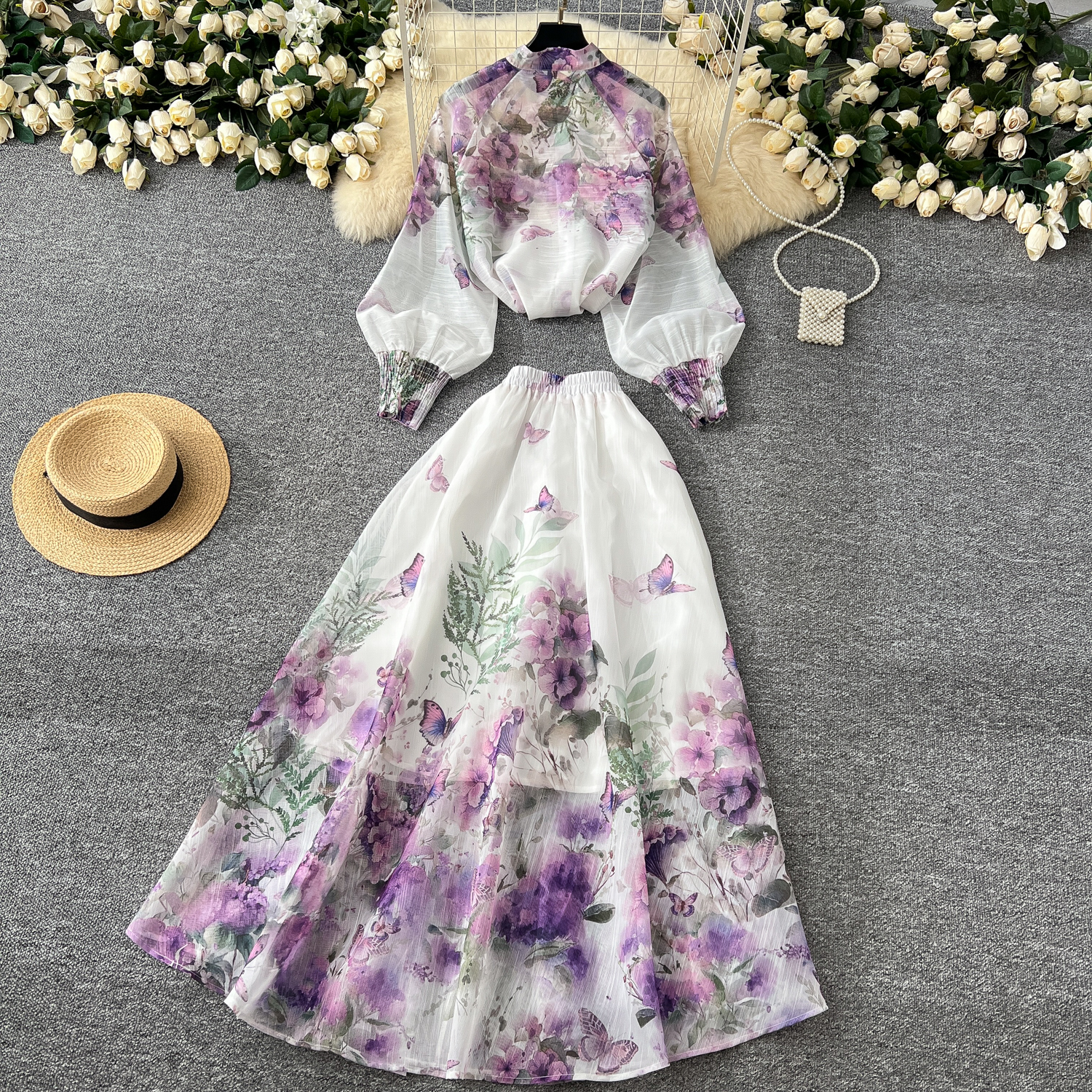 Two Dress Summer Holiday Gorgeous Wer Runway 2 Piece Set Women Long Lantern Sleeve Shirt Blouse And Elastic Waist A E Skirt Suit 2025
