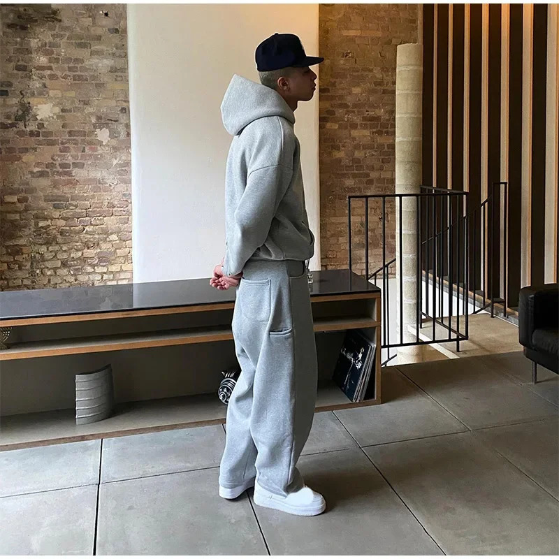 American retro simple sportswear mens fashion solid color pocket hoodie and loose elastic waist sports pants two-piece set 241205