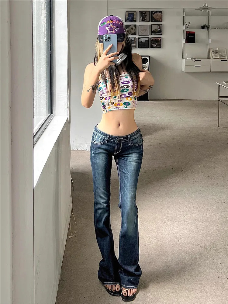 Womens Gyaru Japanese Harajuku Garbage Y2K Jeans Low Rise Shining Denim Pants 2000s Clock Bottom Pants Kpop Retro Ultra Thin Pants 241204
