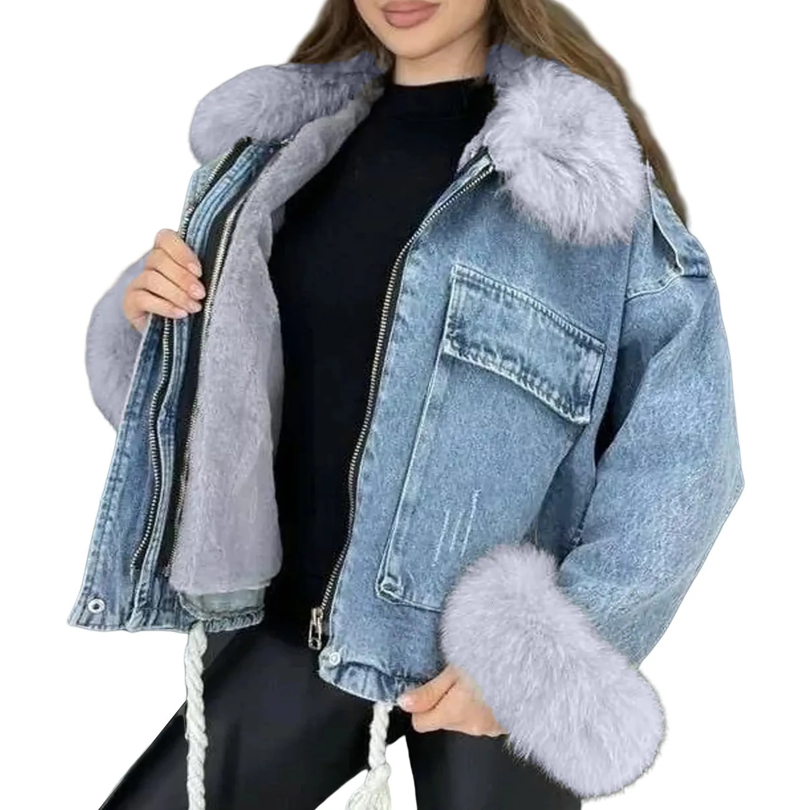 Blue wool thick denim jacket womens retro button tight short fur collar winter windproof loose 241206