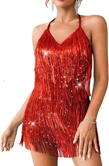 European and American solid color sequin suspender tail party short skirt tassel dress 2024 temperament versatile new trend clothing ins