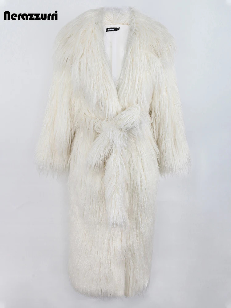 Sapphire Winter Changbai Black Hair Fluffy Thick Warm Soft Fashion Artificial Mongolian Sheepskin Coat Womens Belt Collar 241202