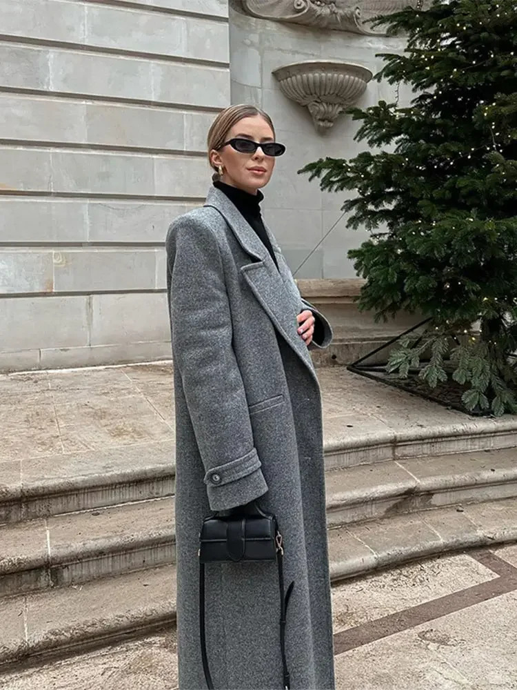 Autumn Grey Lapel Single Breasted Womens Long Wool Coat Chic Street Padded Shoulder Sleeve Jacket Female Outerwear 241202