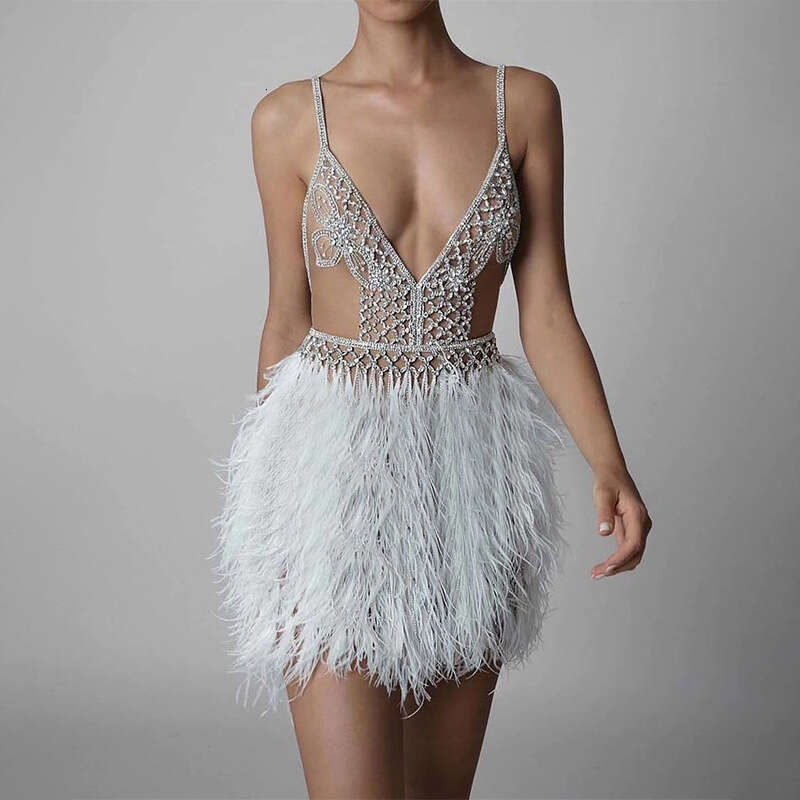 INS autumn winter European and American suspender V-neck feather sexy women's banquet evening dress 2024 temperament versatile new trendy clothin