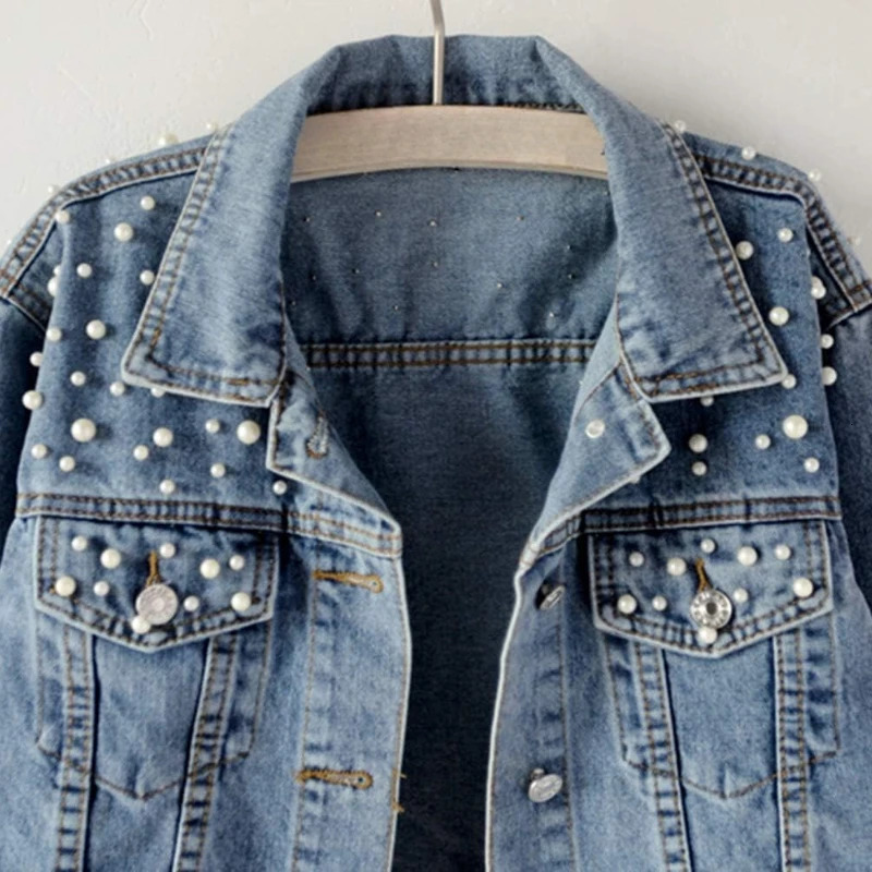 Womens denim jacket embroidered with pearl bead 241206