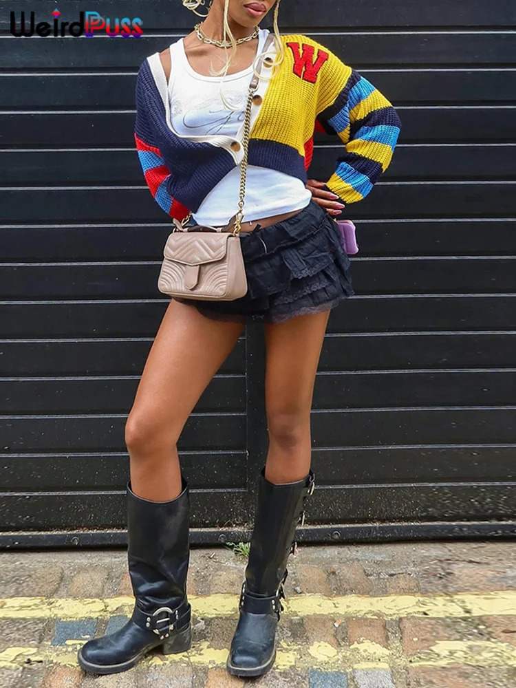 Weird Puss Y2K Cardigan Sweater Women Letter Print Casual Wild VNeck Button Colorful Patchwork Street Trend Hipster Knit Coat 241203