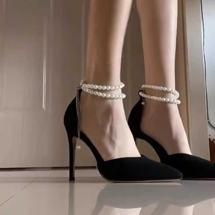 New Pointed Stiletto High Heels Womens Black Suede Pearl Strap Sandals Womens Versatile Single Shoes