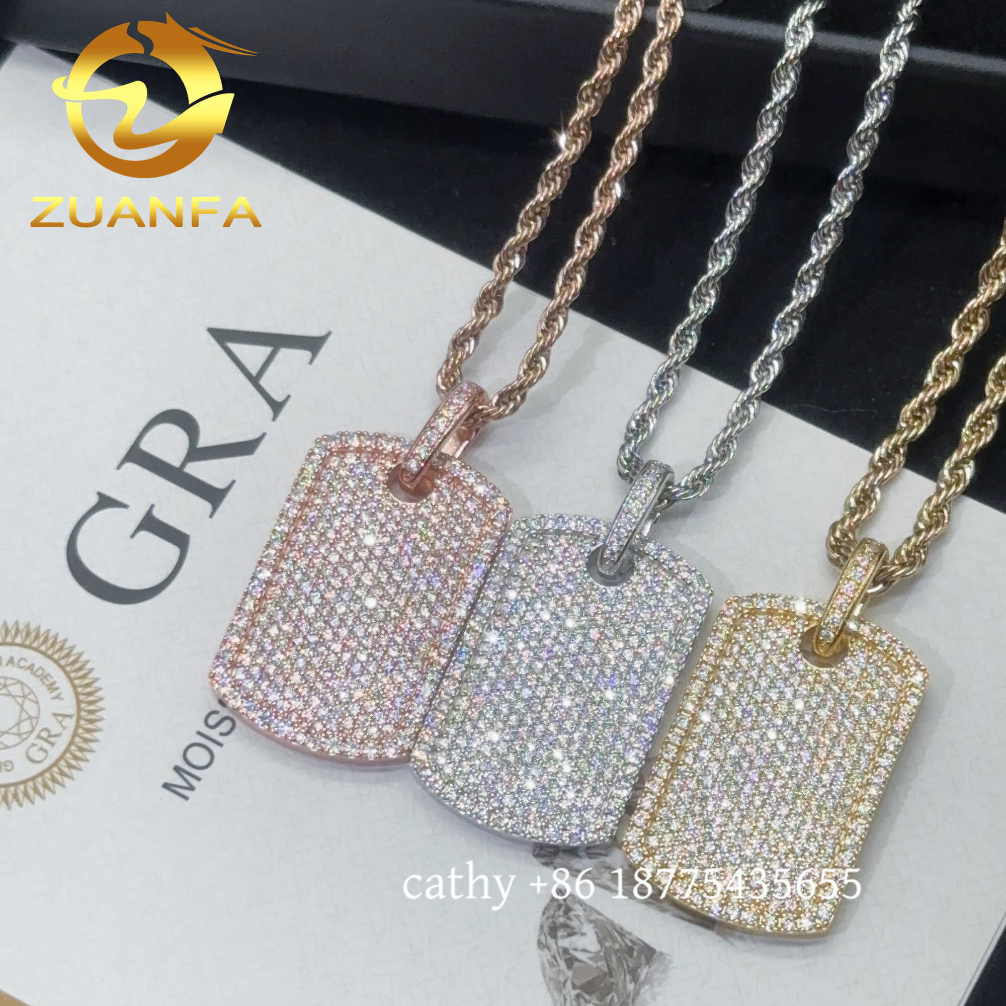 Ready to Ship Moissanite Hip hop Jewelry tag iced out pendant Sterling Silver 925 Moissanite dog tag Pendant with rope chain