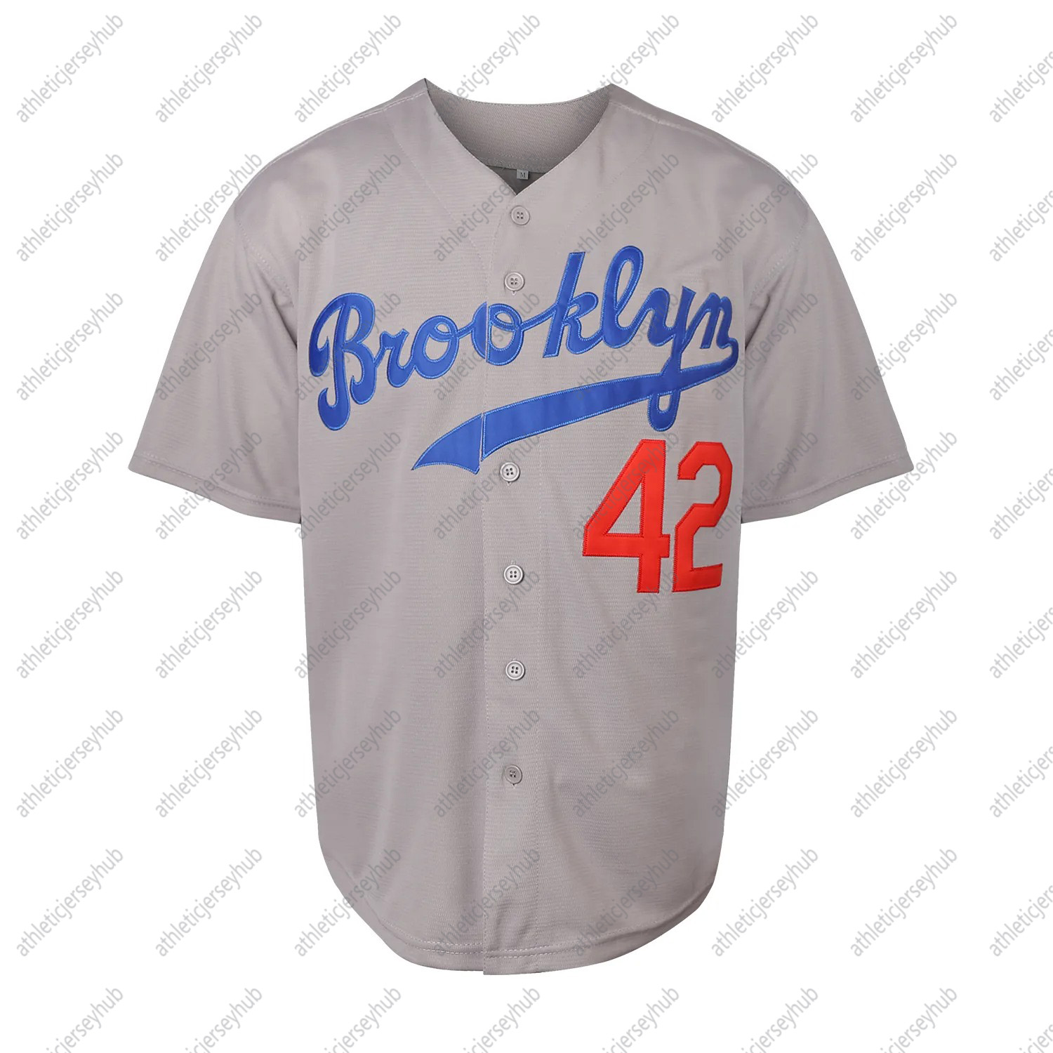Vintage Brooklyn 42 Embroidered Short Sleeve V-Neck Loose Fit Button-Up Shirt - Classic Baseball Jersey Design - Perfect for Summer Casual Wear