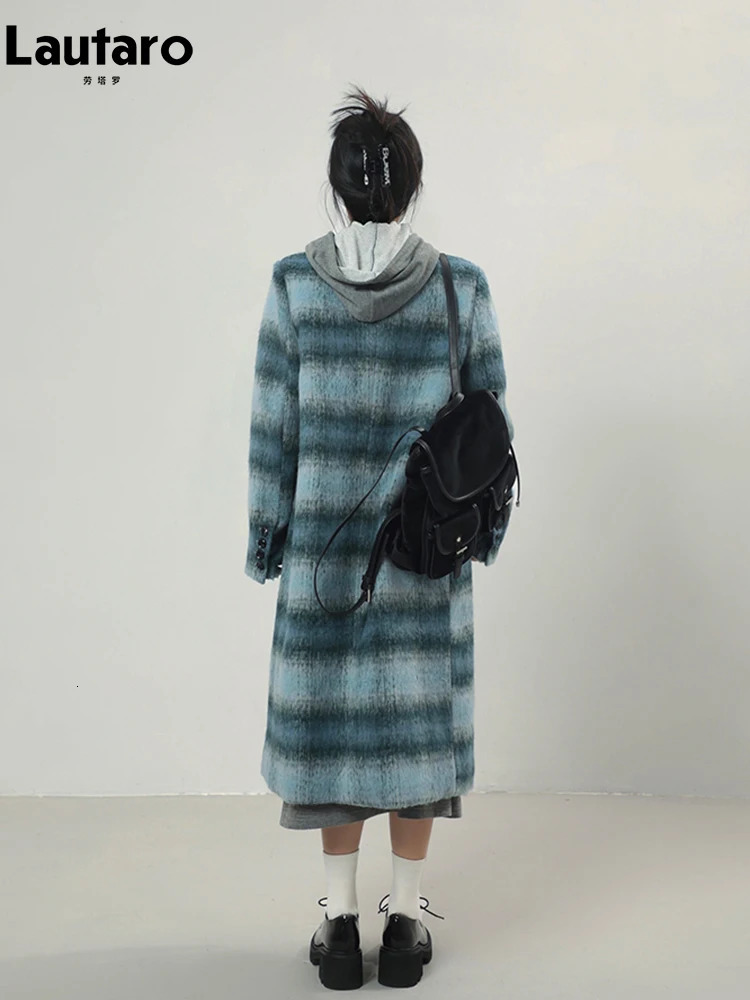 Lautaro winter long warm blue plain woolen jacket suitable for womens shoulder pads double chest Korean fashion 241205