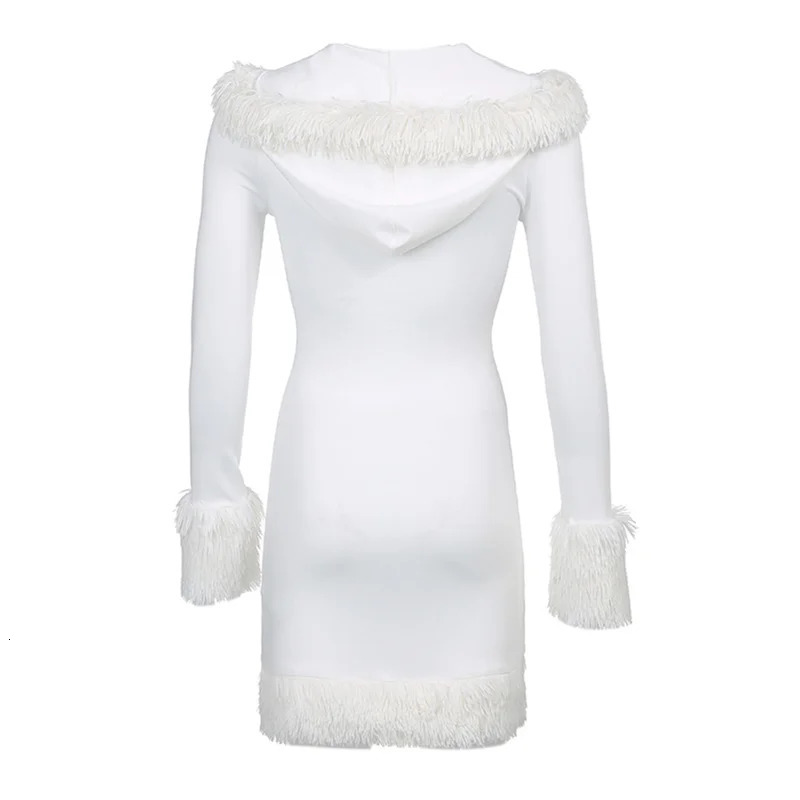 Womens plush hem patchwork Frenulum V-neck hooded dress winter solid color long sleeved womens white 241205 - view 5