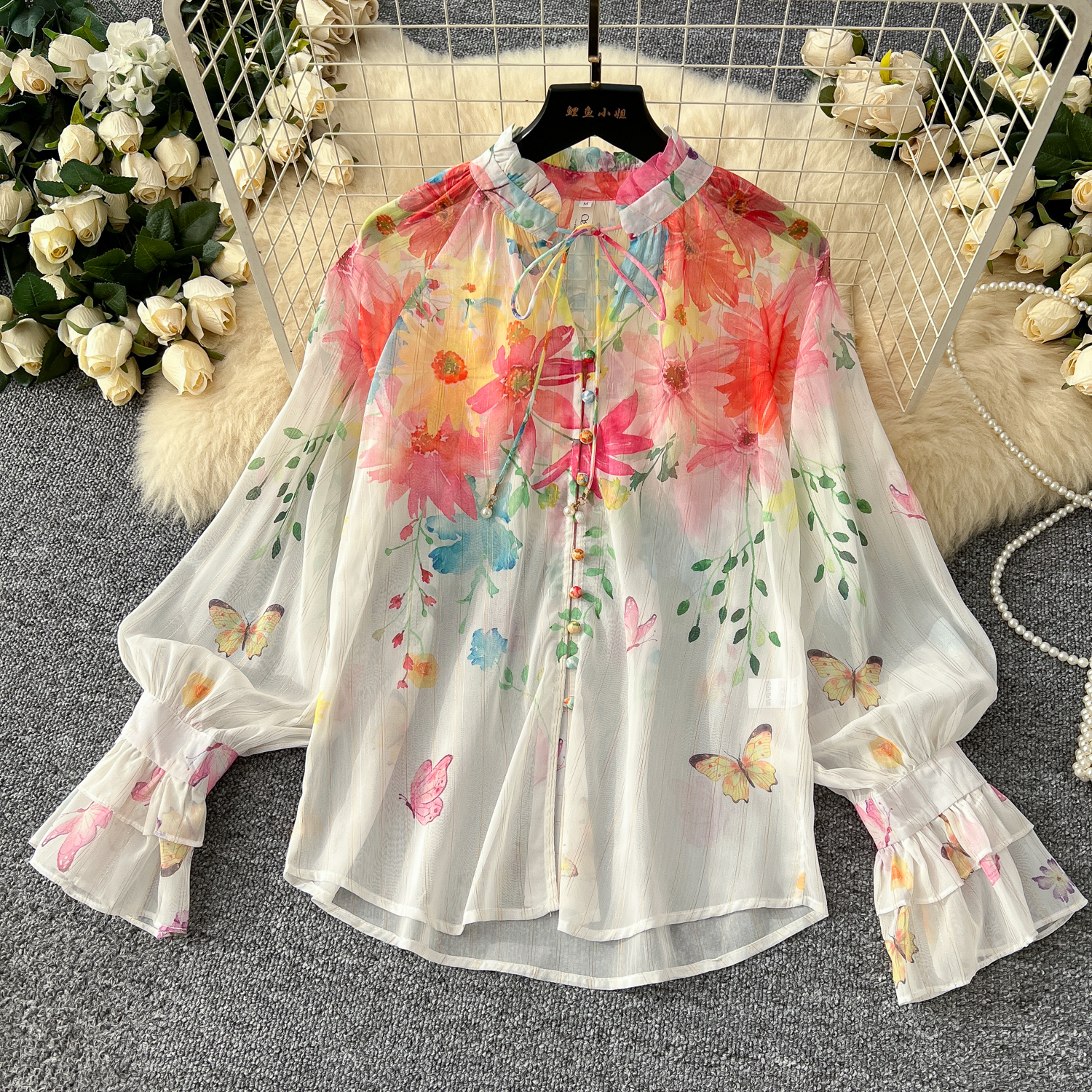 Two Piece Dress 2025 Fashion Runway Gorgeous Flower 2 Piece Set Women Bow Floral Print Long Flare Sleeve Tops High Waist Maxi Skirts Suit