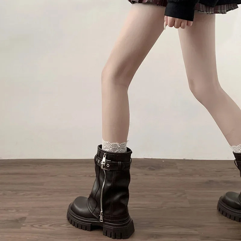 Winter Women Biker Boots Fashion Belt Buckle Ladies Elegant Platform Flats Short Booties Casual Womens Knight Booties 241206