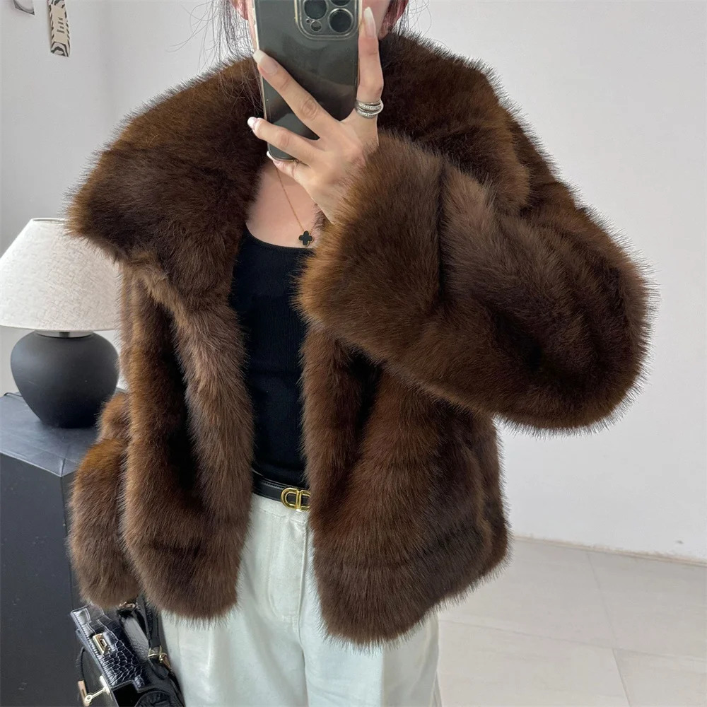 Winter Womens Loose Street Clothing Brown Womens Artificial Mink Leather Jacket Oversized Collar Long Sleeve Warm Fluffy Coat 241202