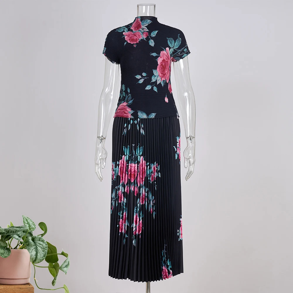 Two Piece Dress Runway Two Piece Skirt Set Women Flower Print High Stretchy Pullovers Top Pleated Long Skirts Suit Summer Female Outfit 2025