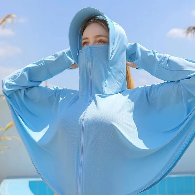 UPF 50Womens Sunscreen Hoodie Solid Color Thin Ice Silk Summer UV Protection Long Sleeve Jacket Breathable Shirt Clothing 241206