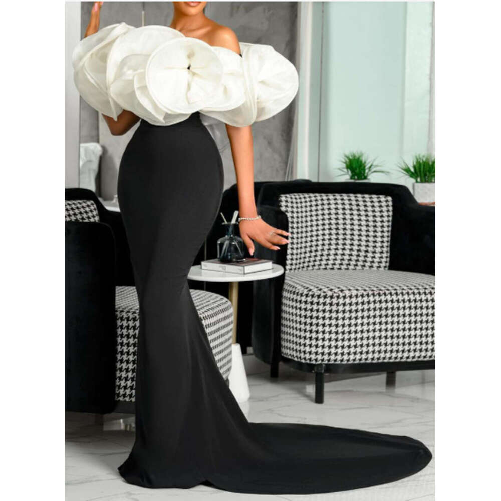 black long dress with high waist chest wrapped design, slim fit and slit style, commuting big swing dress, 2024 versatile new trendy clothing ins