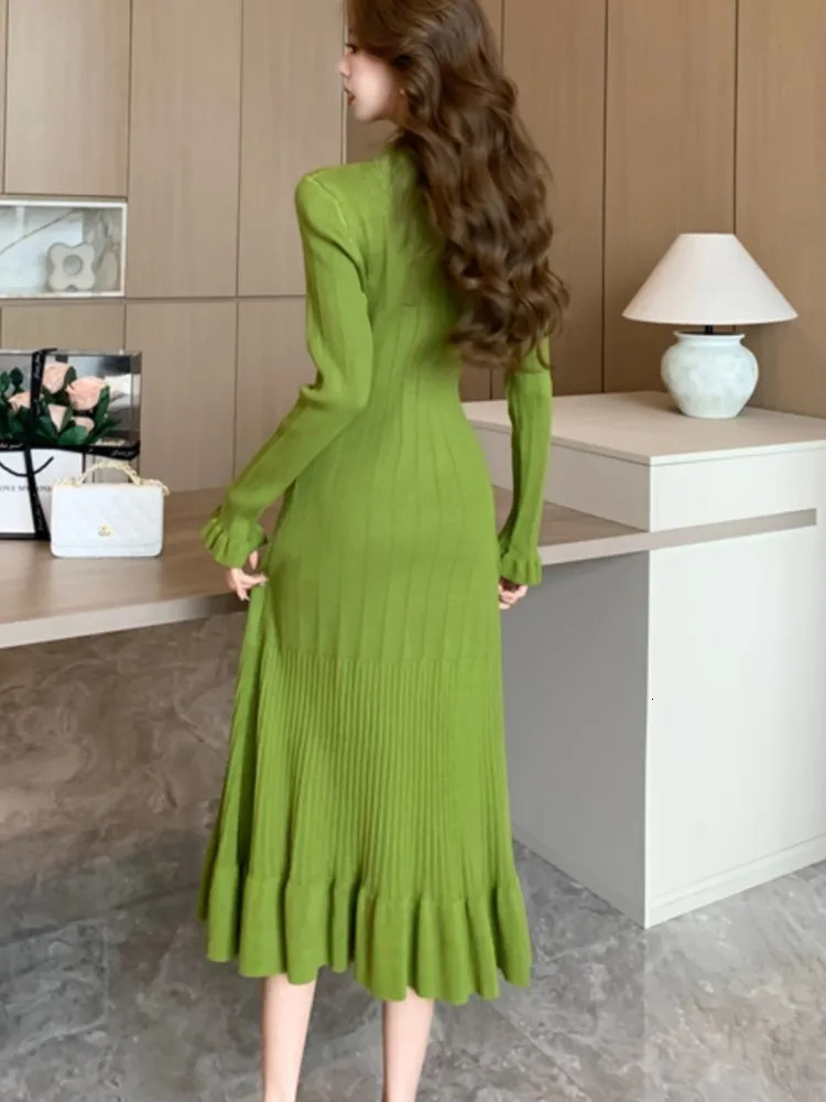 Autumn solid knit womens dress single chest chic pleated sleeves casual hem womens office elegant robe 241205