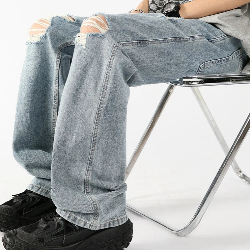 Summer Thin Light Color Ice Silk Hole Jeans American Street Gangster Handsome Straight Trousers 241204