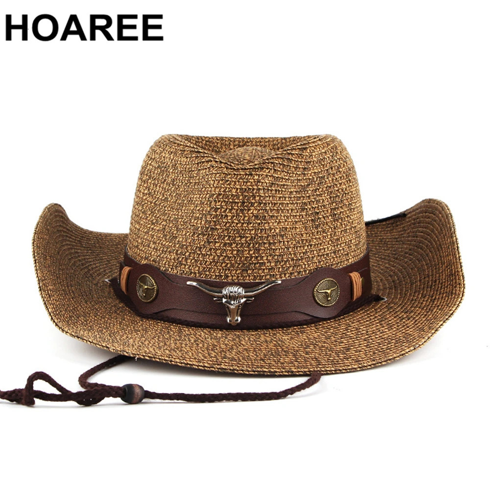 HOAREE Cowboy Hat Mens Sun Hat Wide Brim Fedora Hat with Decoration Beach Straw Hat Mens UV Protective Hat Chapeau Womens 241206