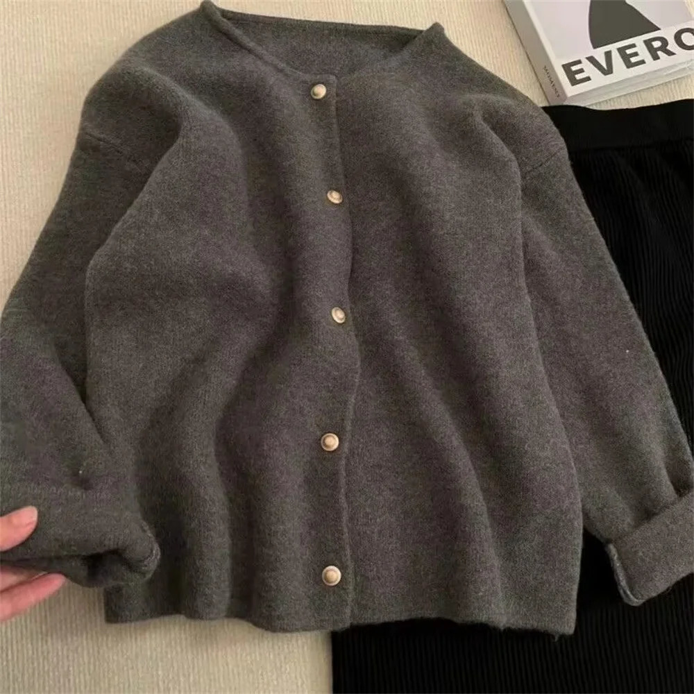 Korean Fashion Round Neck Knitted Cardigan Spring Autumn Casual Long Sleeve Loose Wool Womens Basic Coat Top 241206
