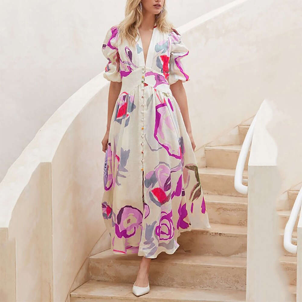 Spring European and American Women's Beach Slim fit Large Swing Four sided Elastic Printed Long Dress 2024 New Casual Versatile Fashion Clothing