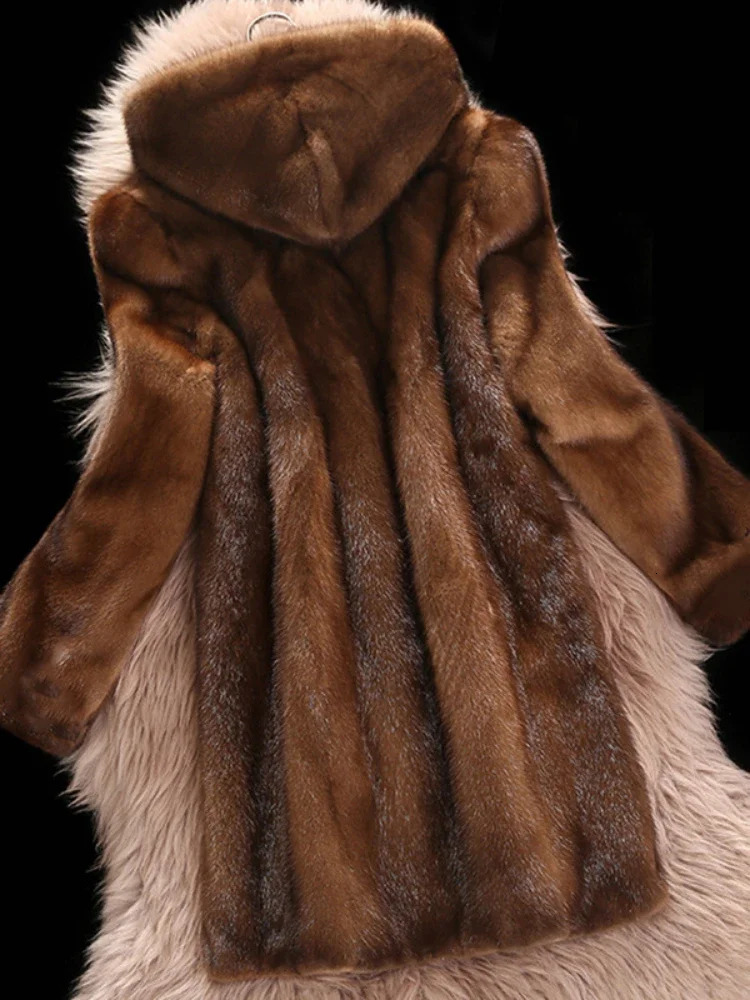Hooded Long Faux Fur Coat Women Autumn Winter Large Jacket Overcoat Turn Down Collar Thick Coat Warm Jackets Maxi Coats 241206