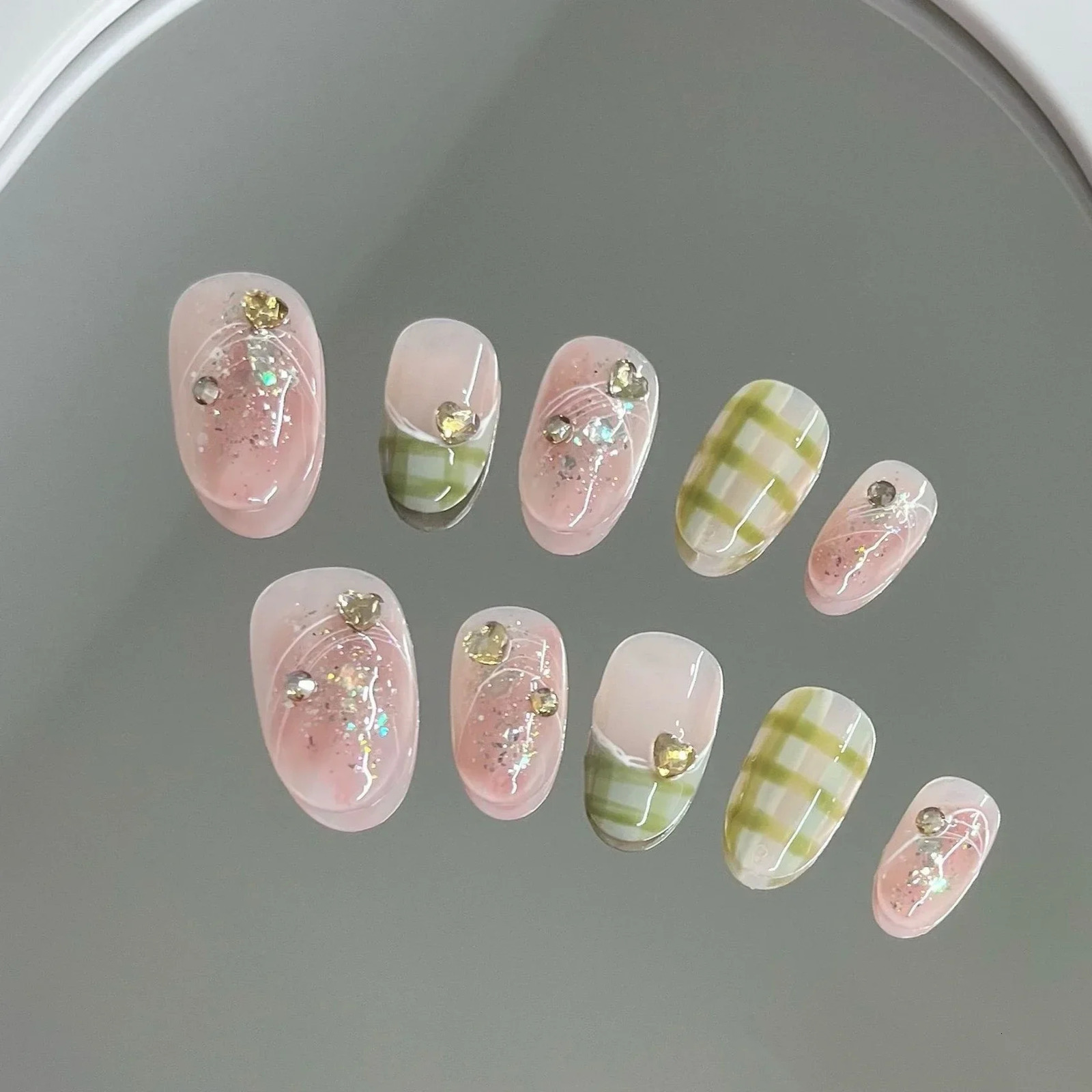 10Pcs Short Square Handmade Press On Nails Full Cover Flower Cat Eye Small Fresh Ballet False Nails Wearable Manicure Nail Tips 241206