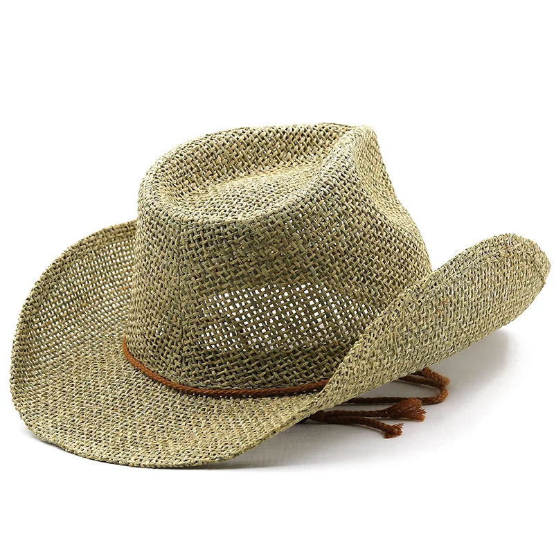 Simple paper straw hat western cowboy hat womens outdoor seaside beach sunscreen hat summer sun hat Panama jazz hat 241206